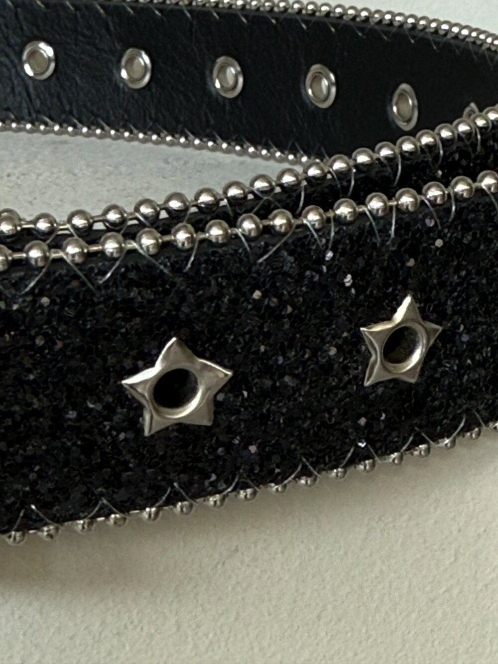 Black Glitter Western Belt Silver Floral Buckle Star Studs Y2K - Picture 3 of 7